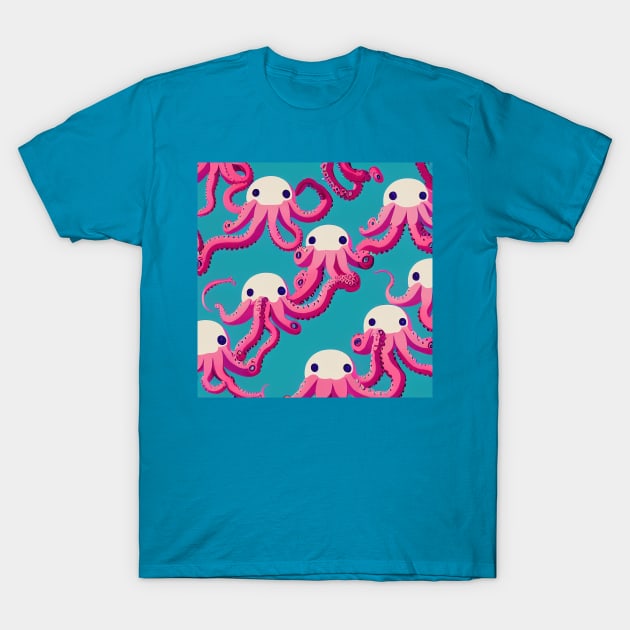 Pink Octopus Dancers - Super Cute Colorful Cephalopod Pattern T-Shirt by JensenArtCo